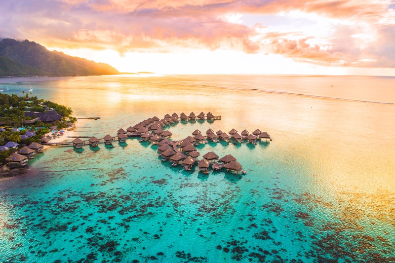 Aerial of overwater bungalows 