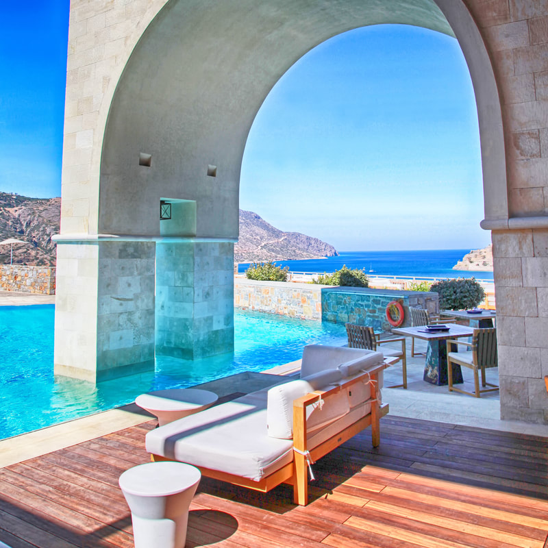 Grecian resort pool lounge